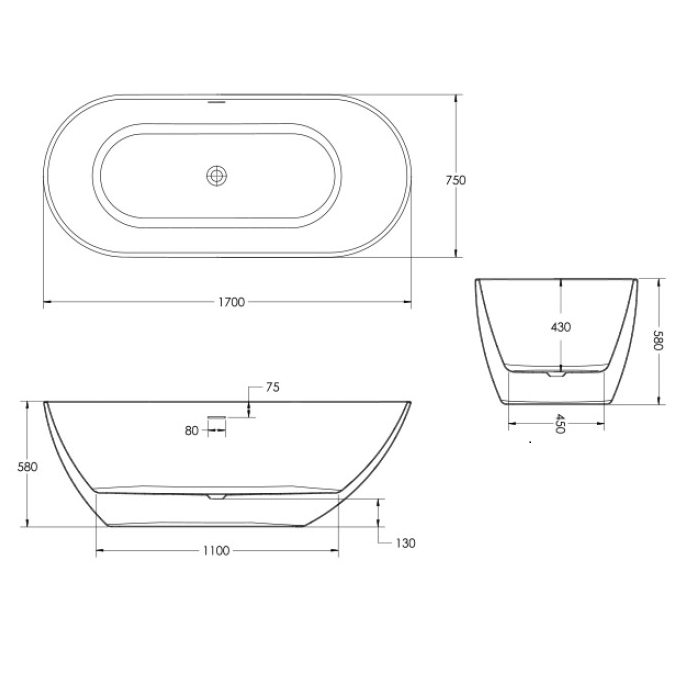 Sonas Abyss Freestanding Double Ended Bath 1700mm x 750mm