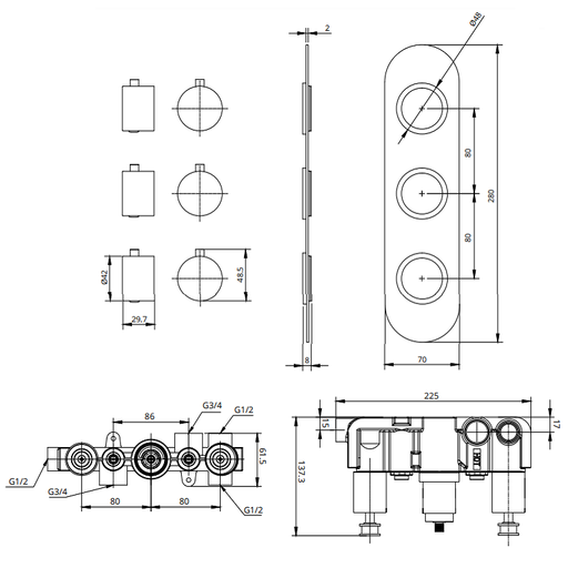 Sonas Alita 3 Outlet and 3 Handle Shower Valve - Chrome