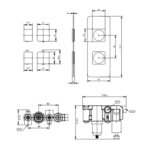 Sonas Alita Square 1 Outlet and 2 Handle Shower Valve