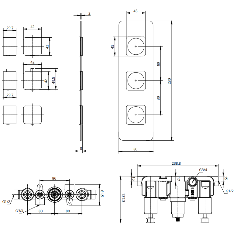 Sonas Alita Square 2 Outlet and 3 Handle Shower Valve