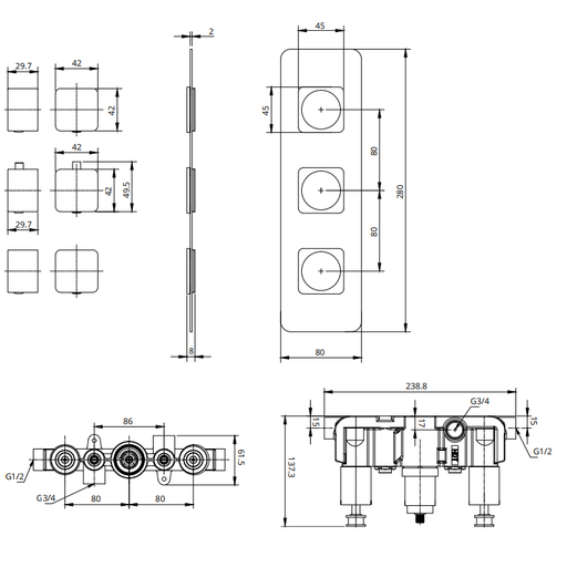 Sonas Alita Square 2 Outlet and 3 Handle Shower Valve