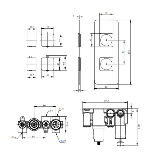 Sonas Alita Square 2 Outlet and 2 Handle Shower Valve