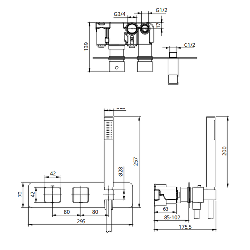 Sonas Alita Square 2 Outlet 2 Horizontal Shower Valve
