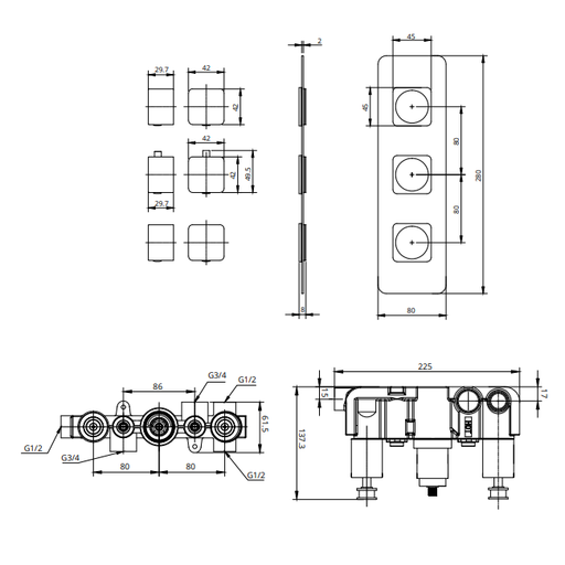 Sonas Alita Square 3 Outlet and 3 Handle Shower Valve