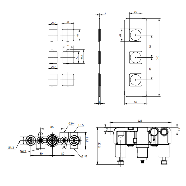 Sonas Alita Square 3 Outlet and 3 Handle Shower Valve