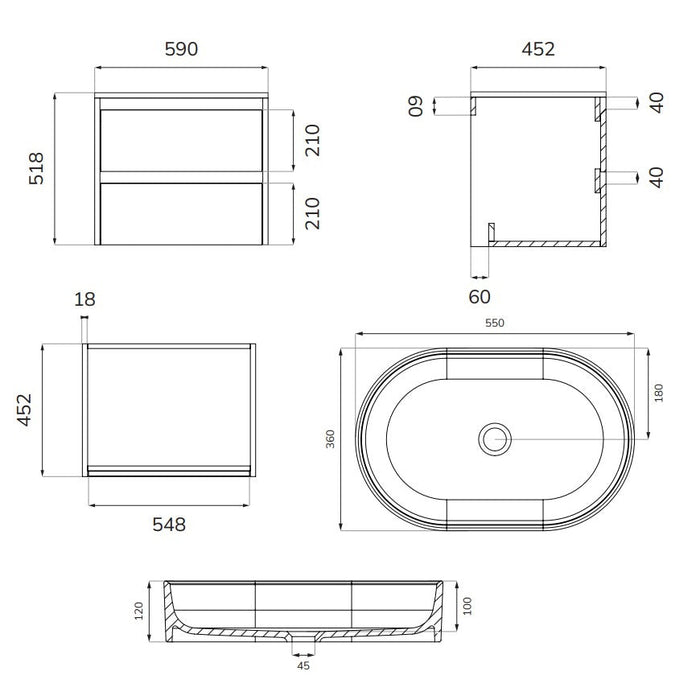 Sonas Apex Two Drawer Wall Hung Vanity Unit With Countertop