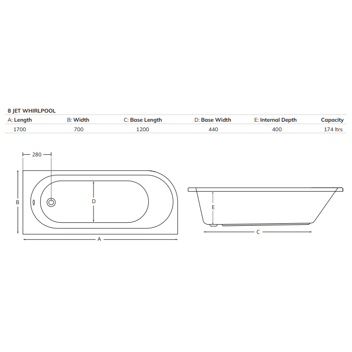 Sonas Arc 8 Jet Single Ended Bath 1700mm x 700mm - Standard