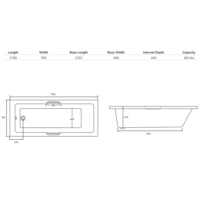 Sonas Cadenza 8 Jet Single Ended Bath With Integrated