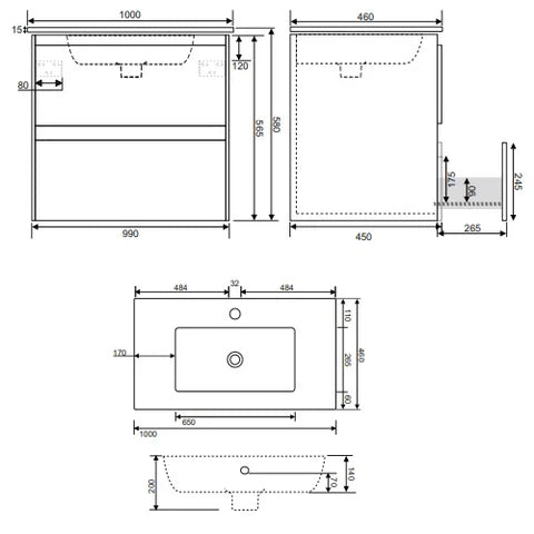 Sonas Dijon 2 Drawer Vanity Unit With Slim Basin - Wall