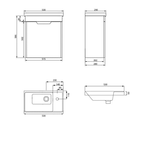 Sonas Freya 550mm 1 Door Cloakroom Wall Hung Vanity Unit