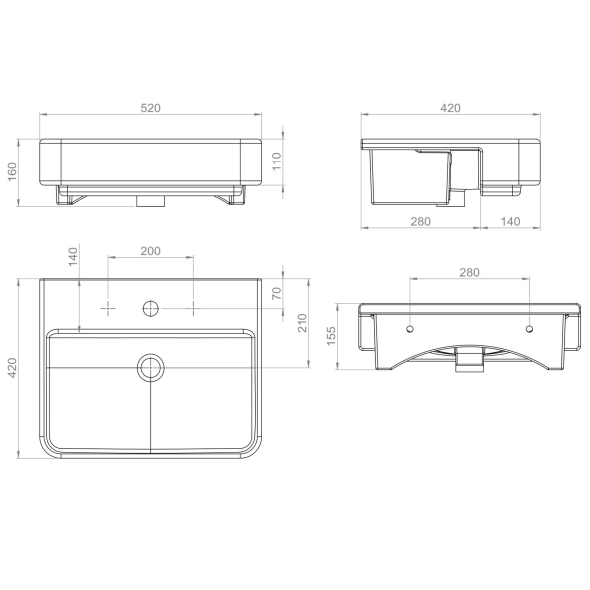 Sonas Horizon Semi Recessed Basin - 520mm Wide - 1 Tap Hole