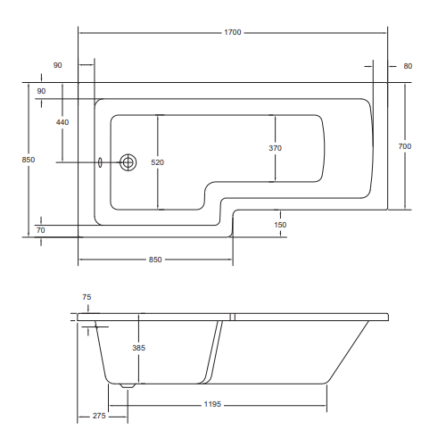 Sonas L Shape Shower Bath With Bath Panel And Bath Screen