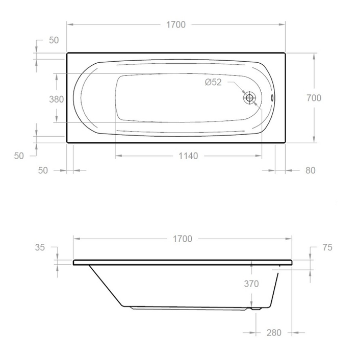 Sonas Lotus Single Ended Bath With Grips 1700mm x 700mm