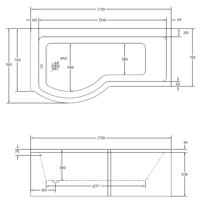 Sonas P Shape Shower Bath With Bath Panel And Bath Screen