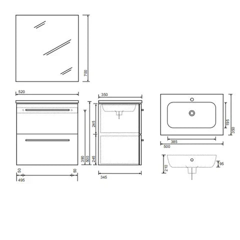 Sonas Paris 500mm 2 Drawer Wall Hung Vanity Unit With Basin