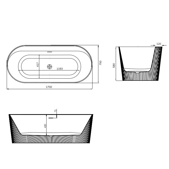 Sonas Reed Fluted Double Ended Freestanding Bath - 1700mm x