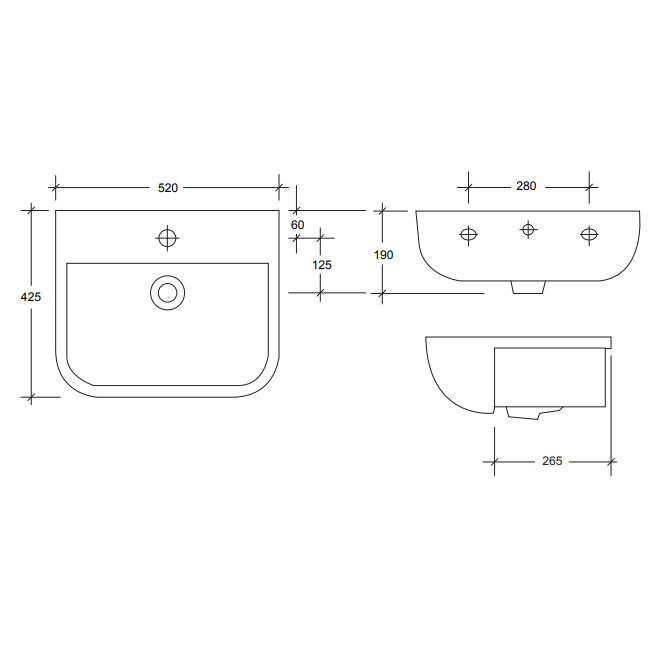 Sonas Rubix Semi Recessed Basin 520mm Wide 1 Tap Hole