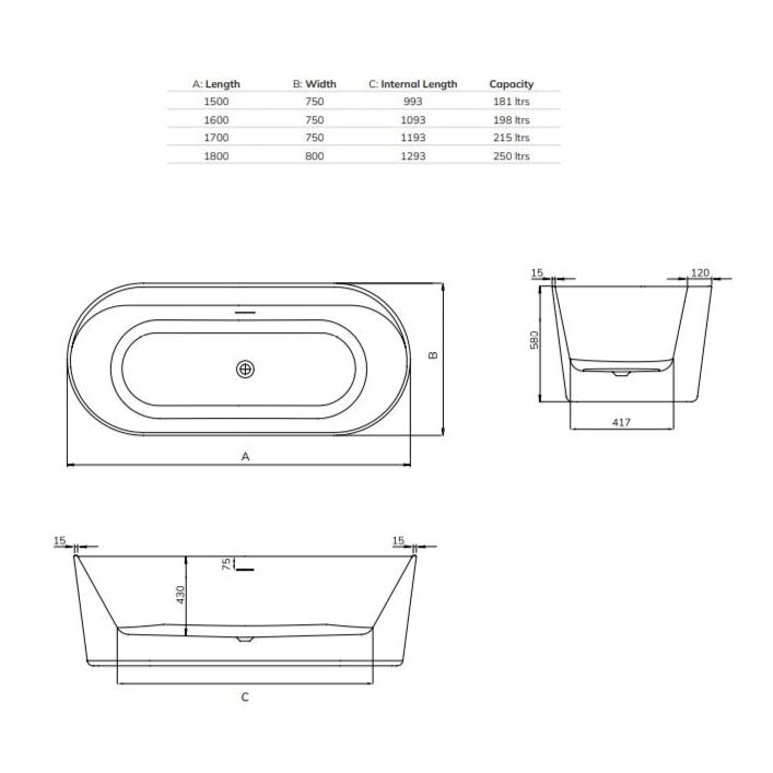 Sonas Samoa Double Ended Freestanding Bath - No TH