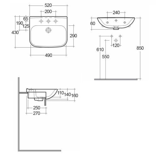 Sonas Scala Semi Recessed Basin 520mm Wide 1 Tap Hole