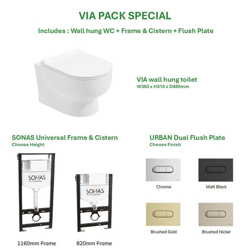 Sonas Via Rimless Wall Hung Toilet With Frame Cistern