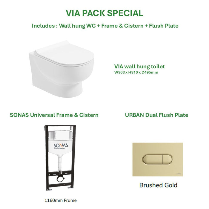 Sonas Via Rimless Wall Hung Toilet With Frame Cistern