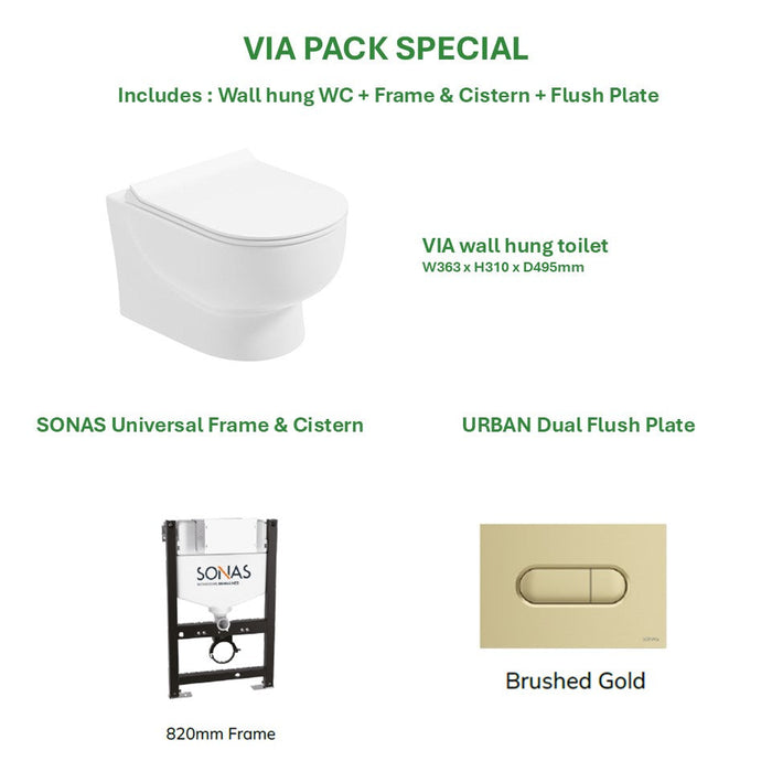 Sonas Via Rimless Wall Hung Toilet With Frame Cistern