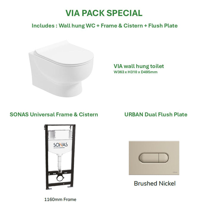 Sonas Via Rimless Wall Hung Toilet With Frame Cistern