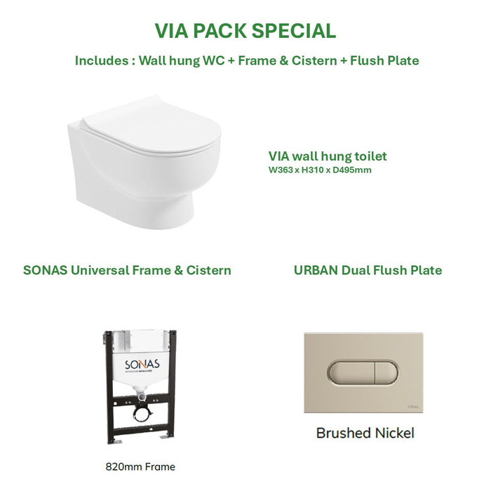Sonas Via Rimless Wall Hung Toilet With Frame Cistern