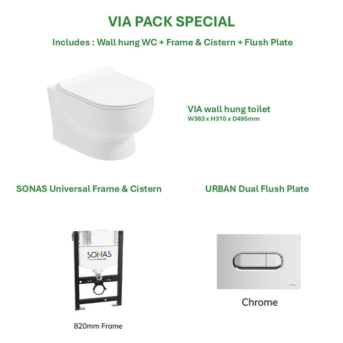 Sonas Via Rimless Wall Hung Toilet With Frame Cistern
