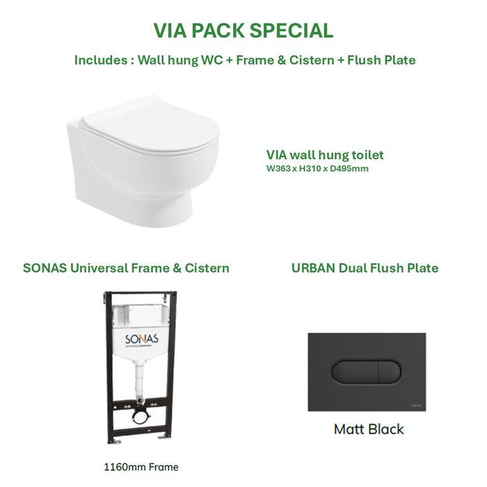 Sonas Via Rimless Wall Hung Toilet With Frame Cistern