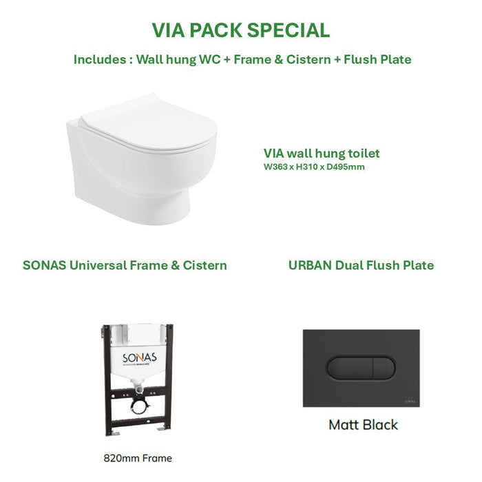 Sonas Via Rimless Wall Hung Toilet With Frame Cistern