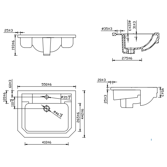 Sonas Westbury Semi Recessed Basin 550mm Wide 1 Tap Hole