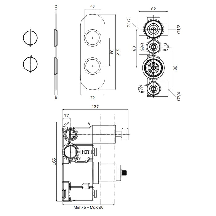 Sonas Alita Knurled Thermostatic Bath Set With Handset & Overflow Filler