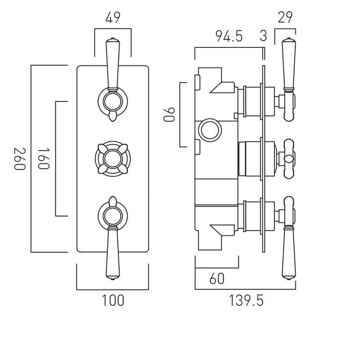 Vado Axbridge 2 Outlet, 3 Handle Thermostatic Concealed Shower Valve