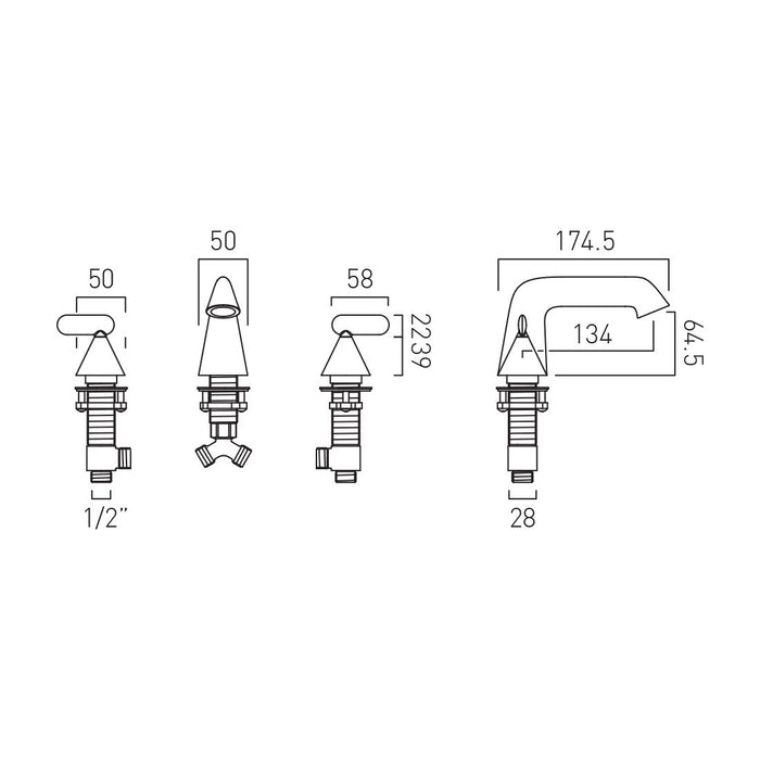 Vado Arrondi Deck Mounted 3 Hole Basin Mixer Tap With Lever