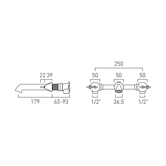 Vado Arrondi Wall Mounted 3 Hole Basin Mixer Tap With Lever