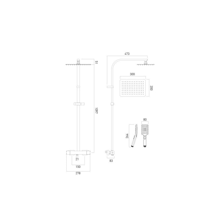 Vado Phase Adjustable Square Thermostatic Shower Column