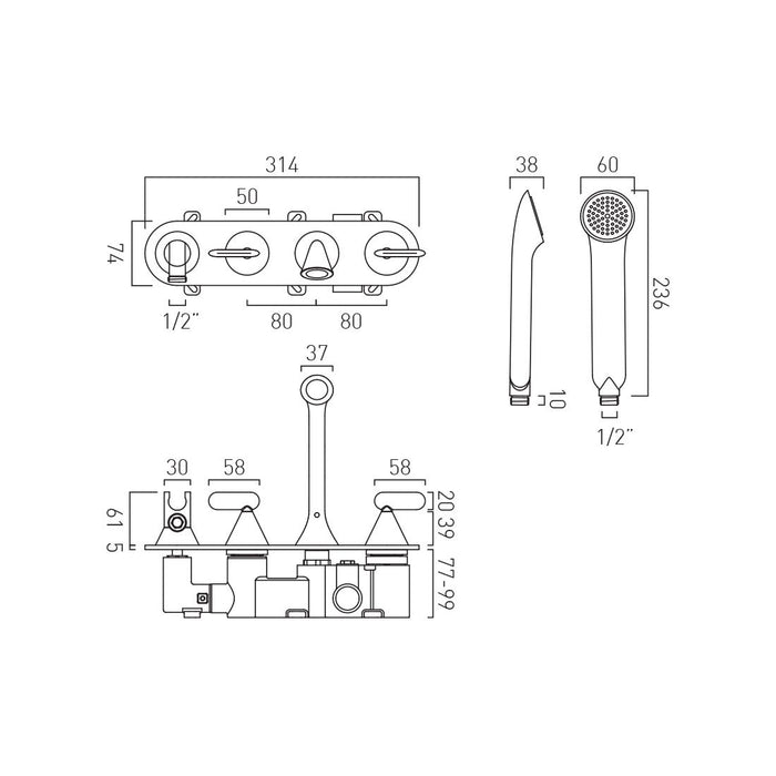 Vado Tablet Arrondi Wall Mounted Thermostatic Bath Shower