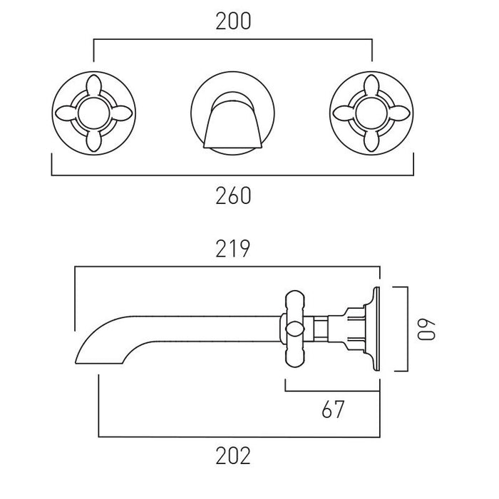 Vado Axbridge Crosshead 3 Hole Wall Mounted Basin Mixer Tap